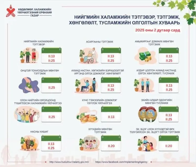 НИЙГМИЙН ХАЛАМЖИЙН ТЭТГЭВЭР, ТЭТГЭМЖ, ХӨНГӨЛӨЛТ, ТУСЛАМЖИЙН 2025 ОНЫ 2 ДУГААР САРЫН ОЛГОЛТЫ ХУВААРЬ