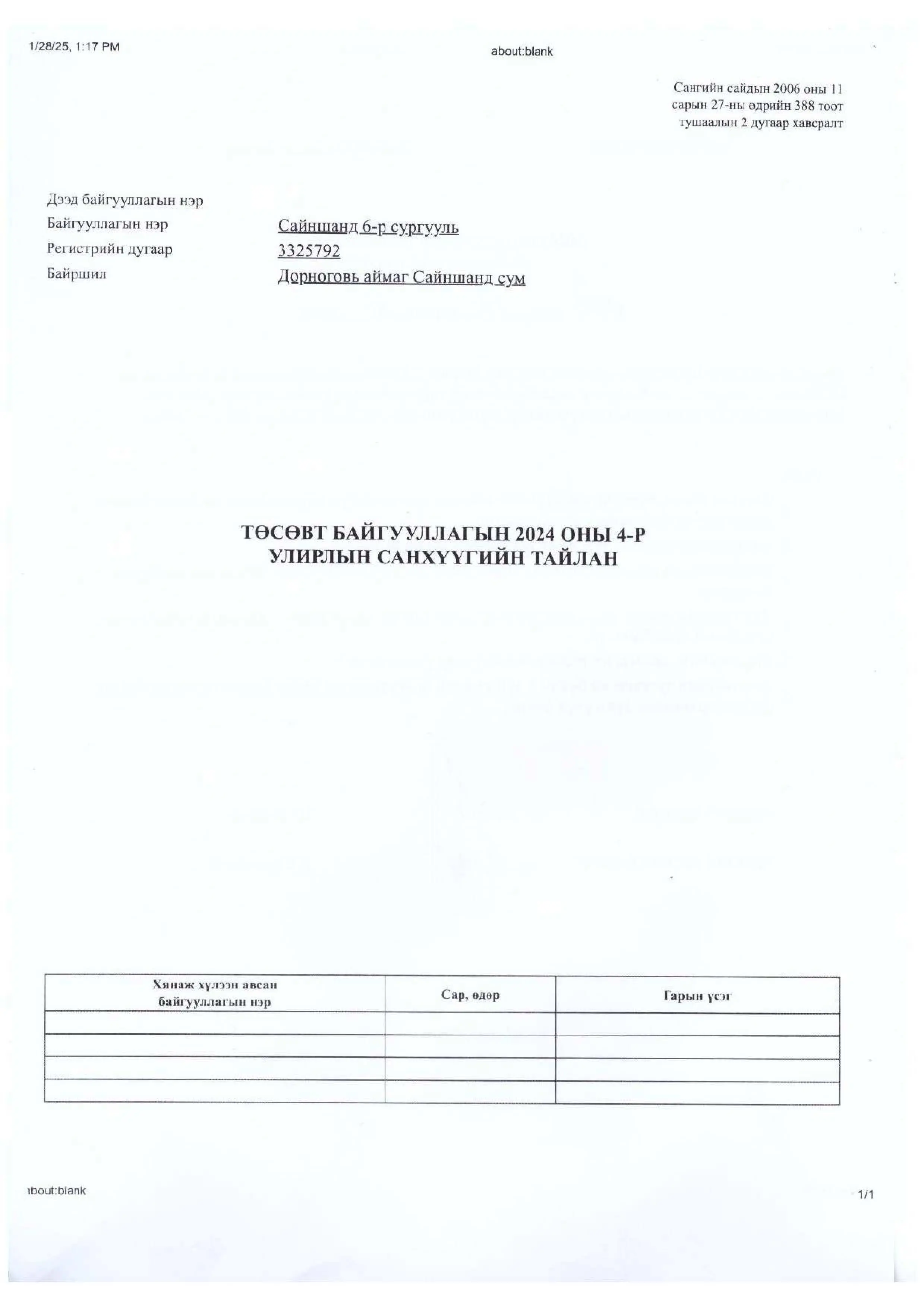 Toswiin guitsetgeliin bielelt tailan buten jiliin sanhuugiin tailan