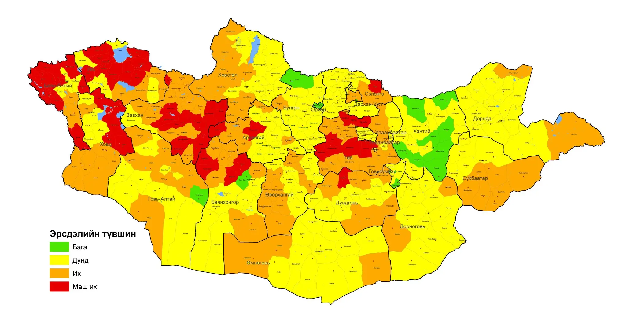 According to Zud's risk assessment, Bayan-Olgii, Zavkhan, and Uvs are at "high" risk